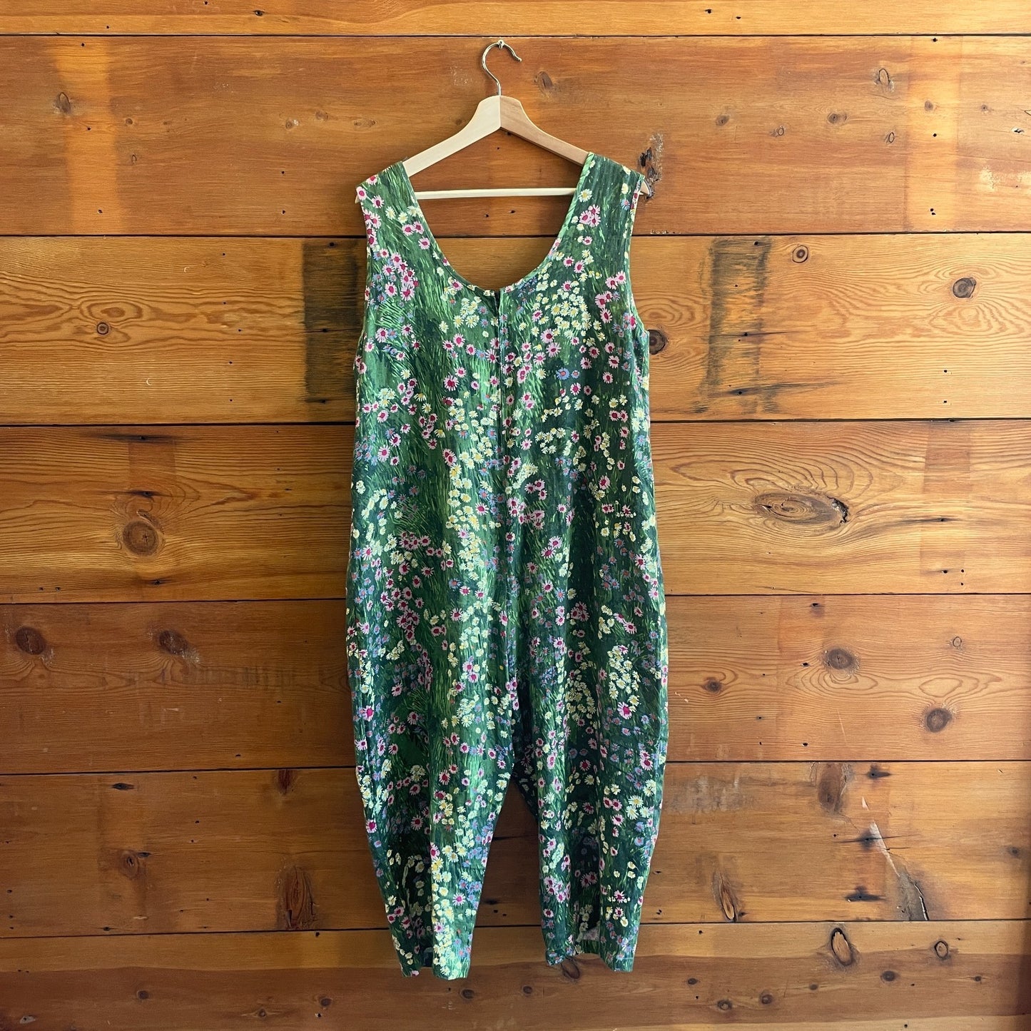 S - Nooworks Green Floral Pattern Linen Sleeveless Wide Leg Crop Jumpsuit 0806KS