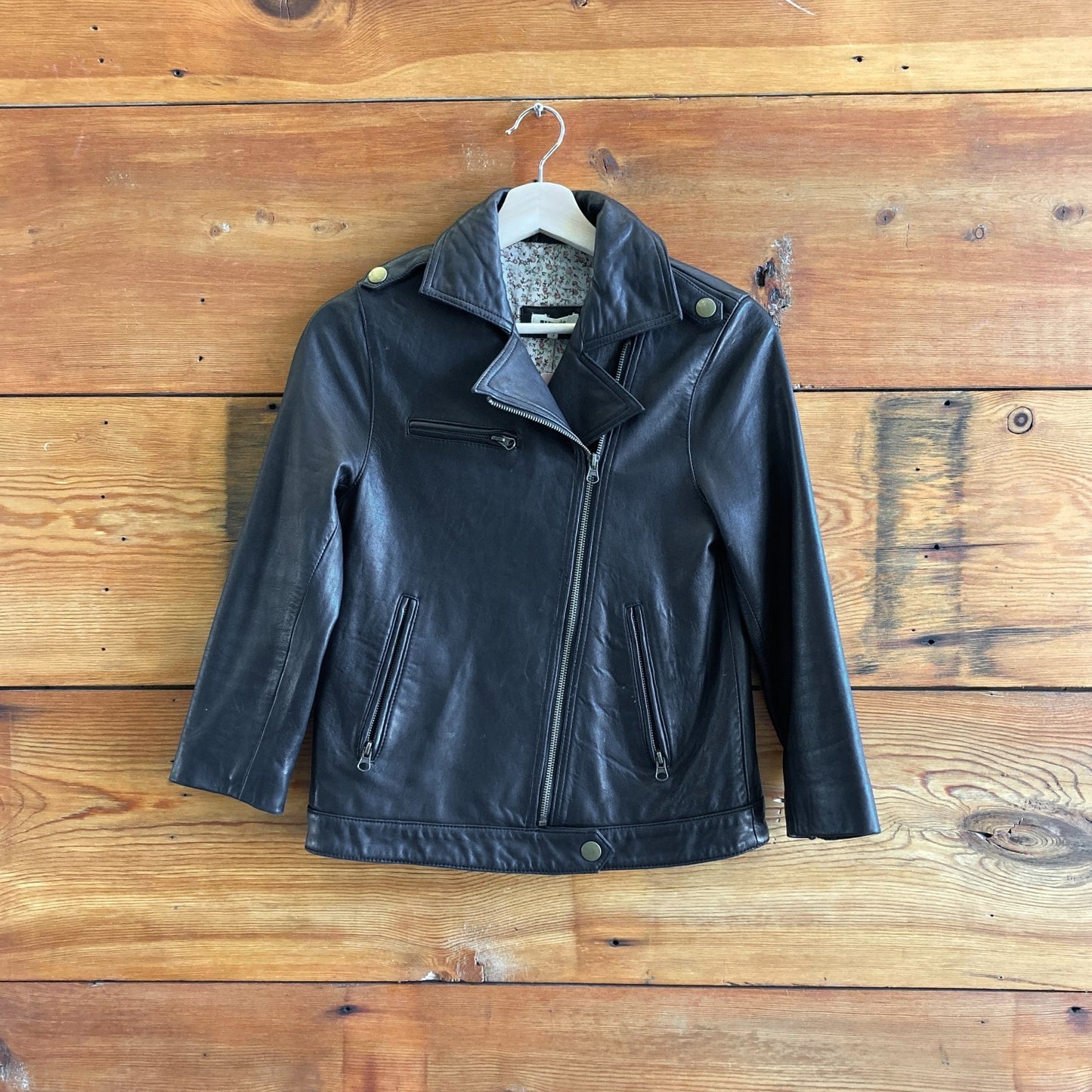 S - LA Made Black Soft Leather Asymmetric Zip Up Moto Jacket 0720PC