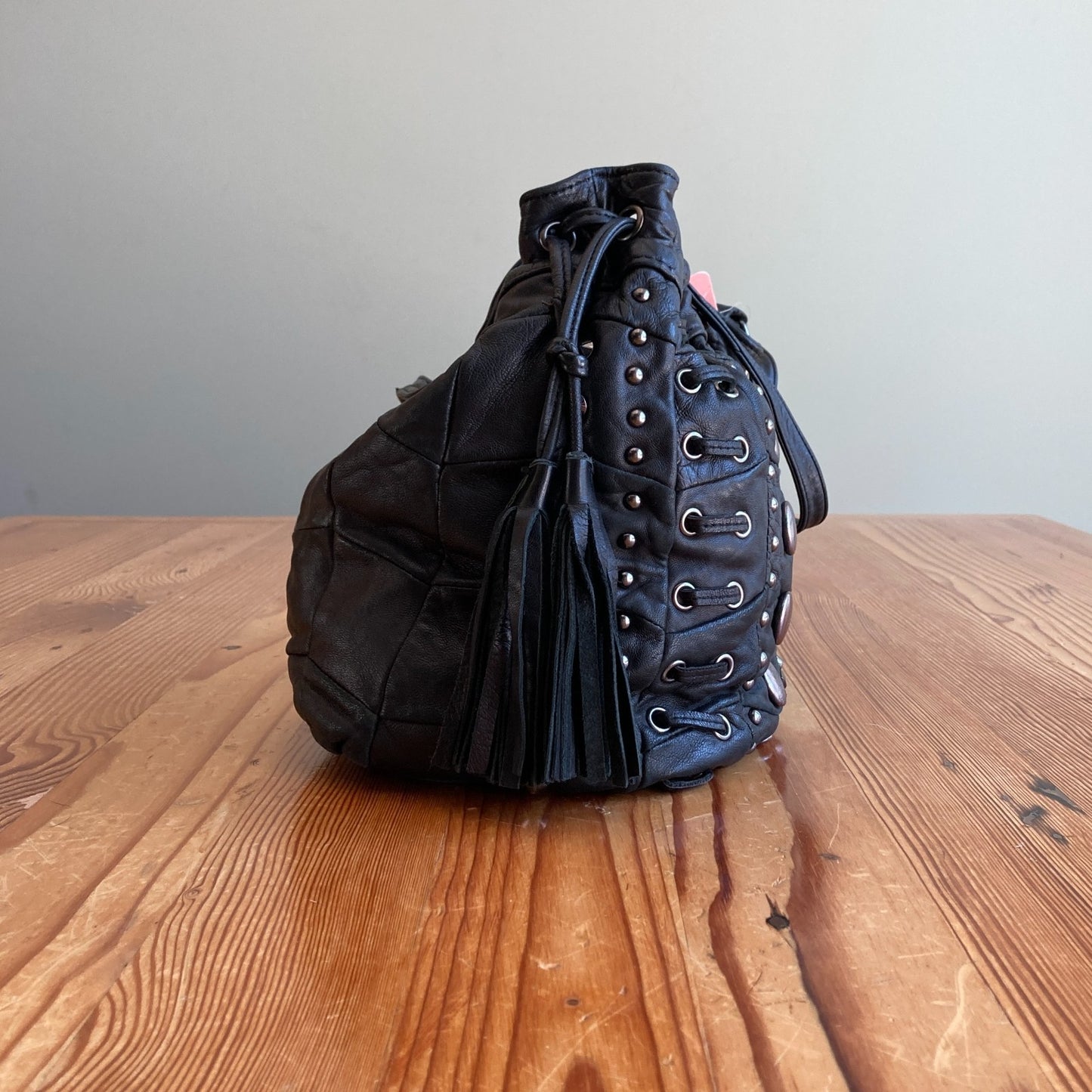 Monserat de Lucca Black Soft Lambskin Studded Tassel Trim Purse 1023RL