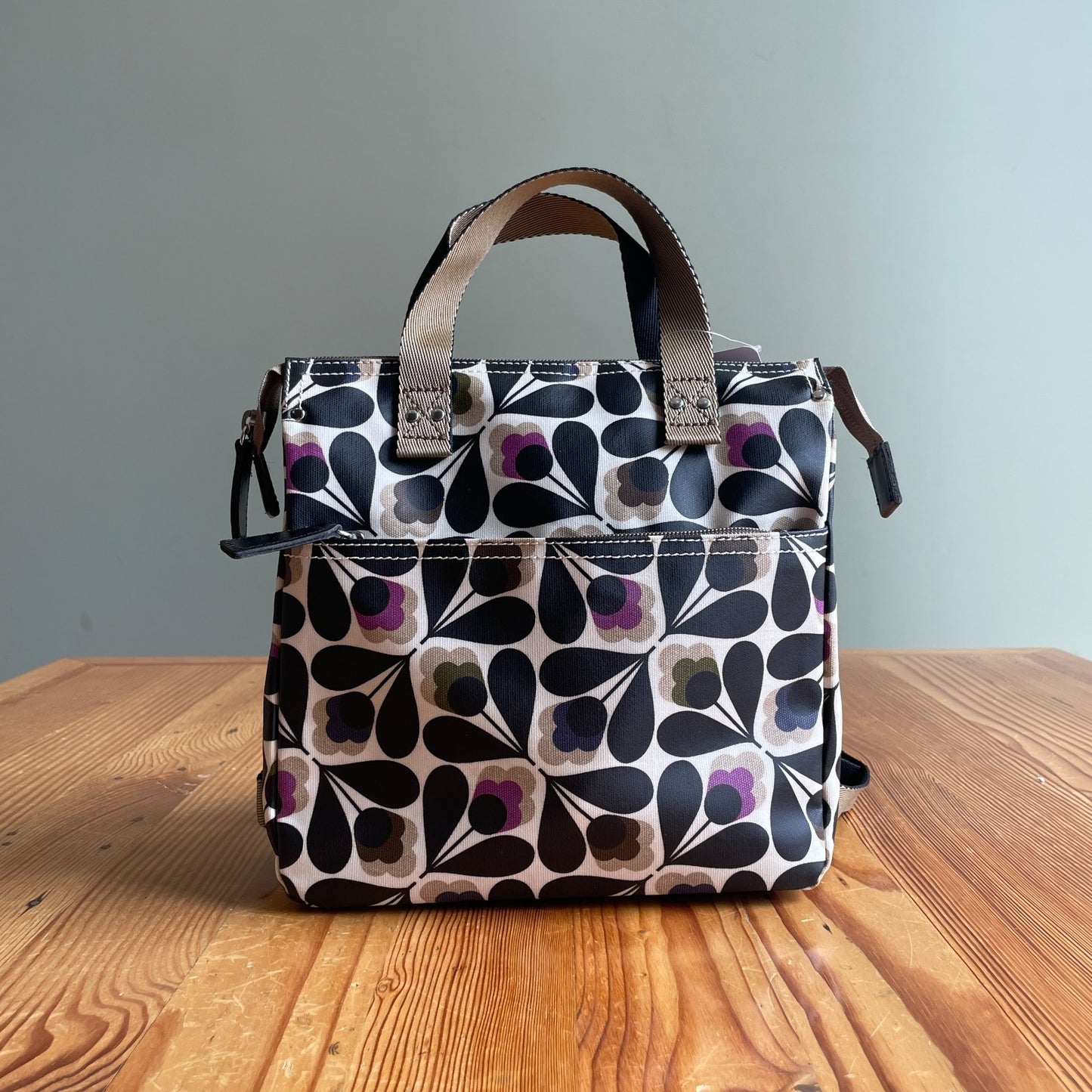 Orla Kiely Black & Purple Retro Floral Print Small Coated Canvas Backpack 0721DK