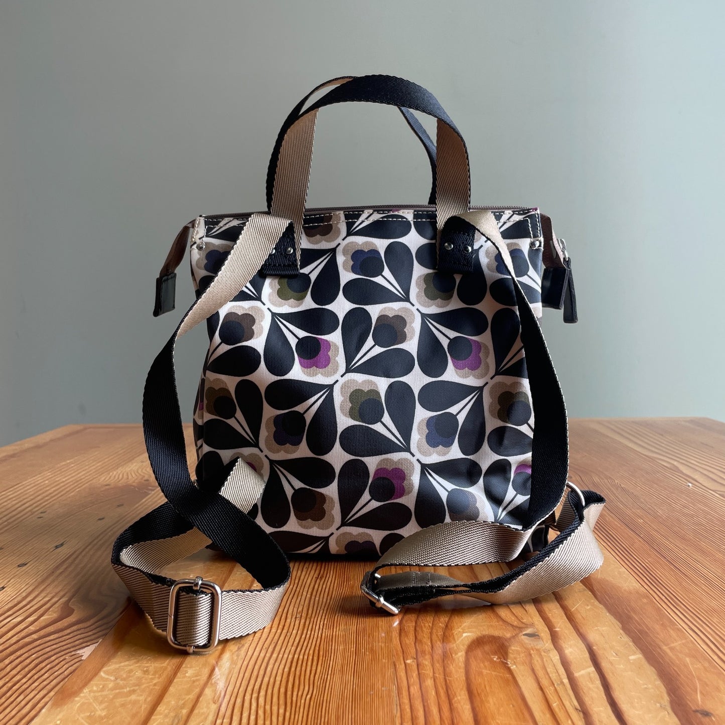 Orla Kiely Black & Purple Retro Floral Print Small Coated Canvas Backpack 0721DK