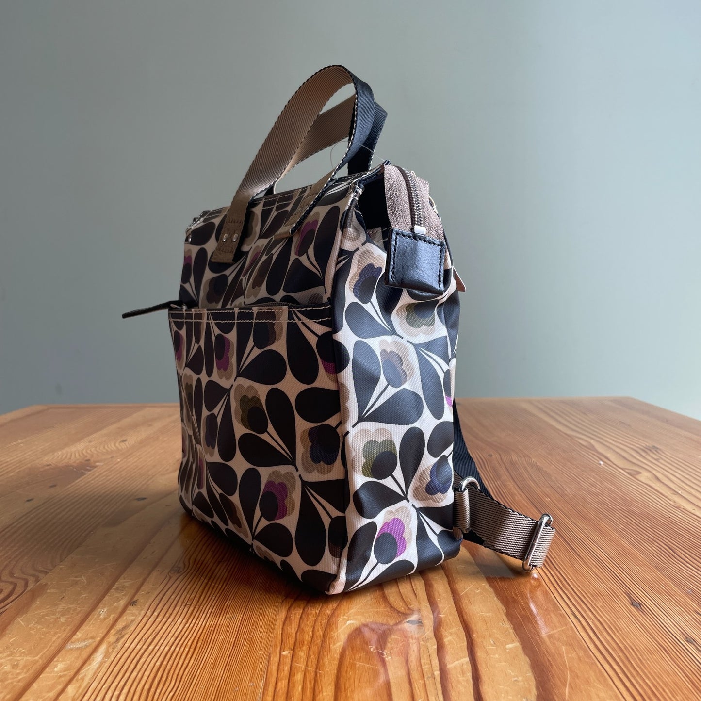 Orla Kiely Black & Purple Retro Floral Print Small Coated Canvas Backpack 0721DK