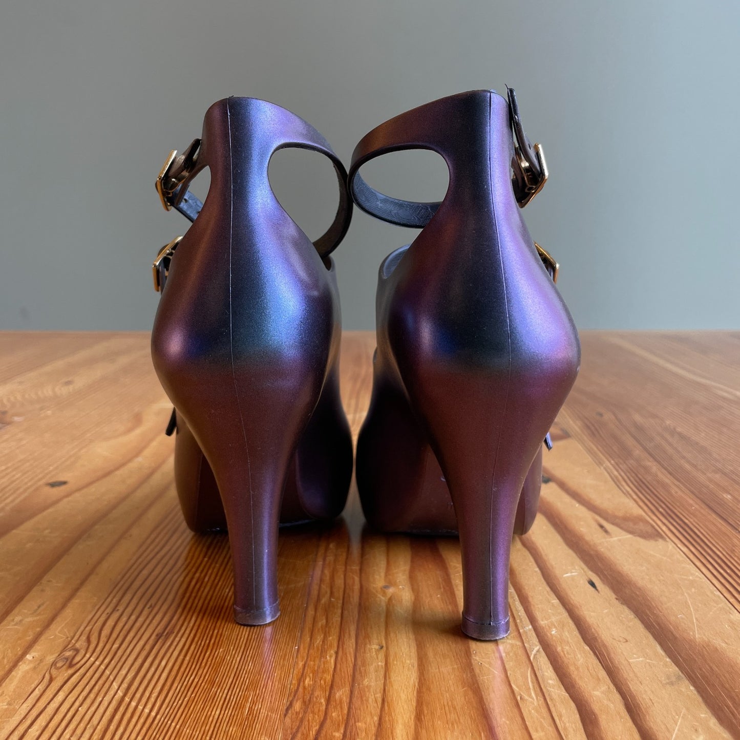 5 - Vivienne Westwood x Melissa Iridescent Purple 3 Strap Heels w/ Box 0415AB