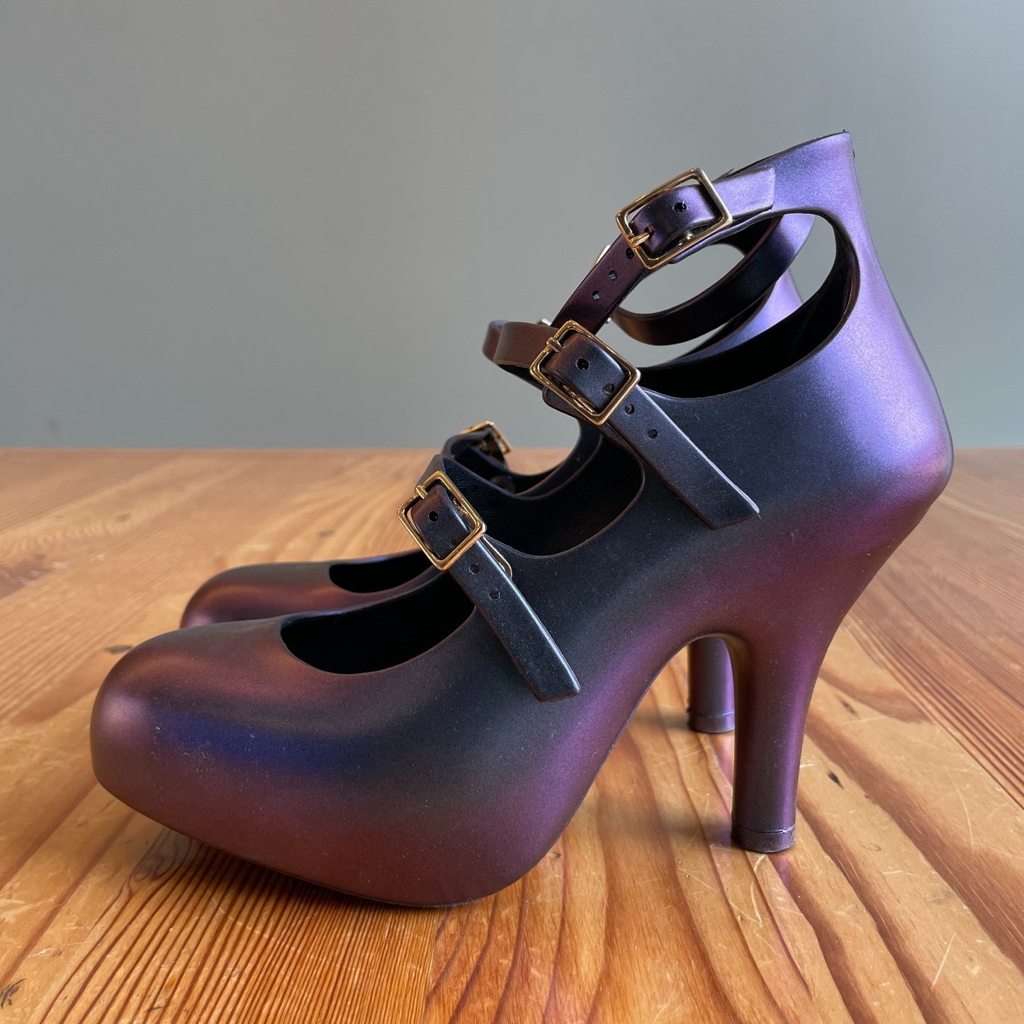 5 - Vivienne Westwood x Melissa Iridescent Purple 3 Strap Heels w/ Box 0415AB