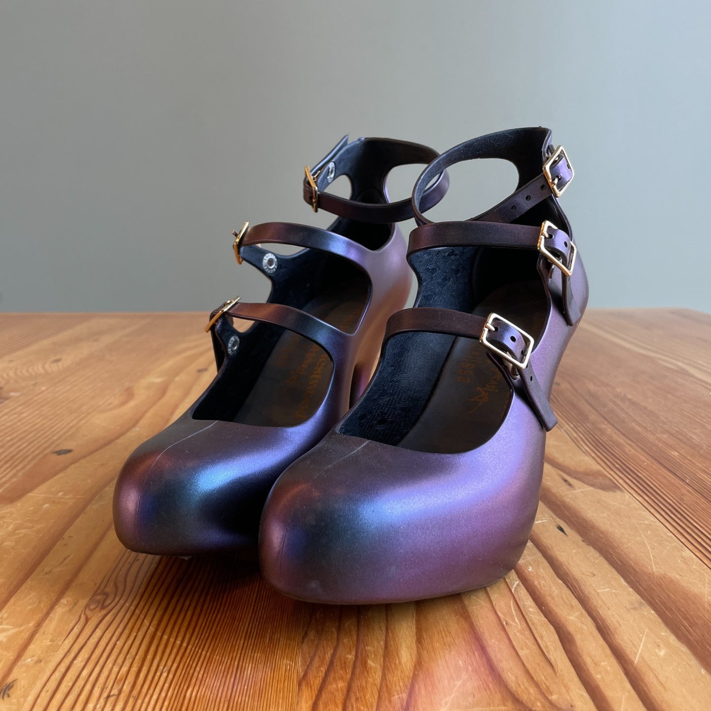 5 - Vivienne Westwood x Melissa Iridescent Purple 3 Strap Heels w/ Box 0415AB