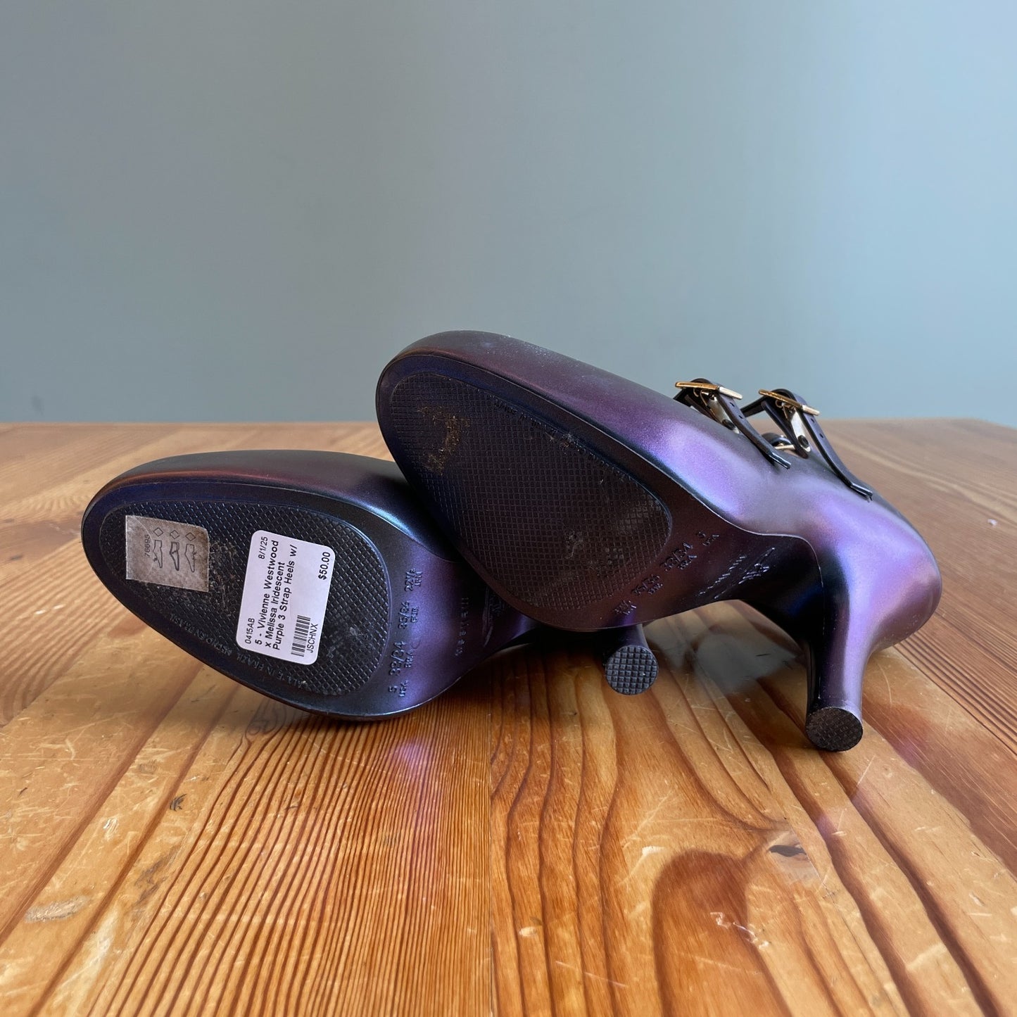 5 - Vivienne Westwood x Melissa Iridescent Purple 3 Strap Heels w/ Box 0415AB