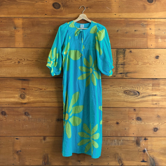 S - J Marie Turquoise Puff Sleeve Floral Patterned Maxi Kaftan Dress 1103LJ