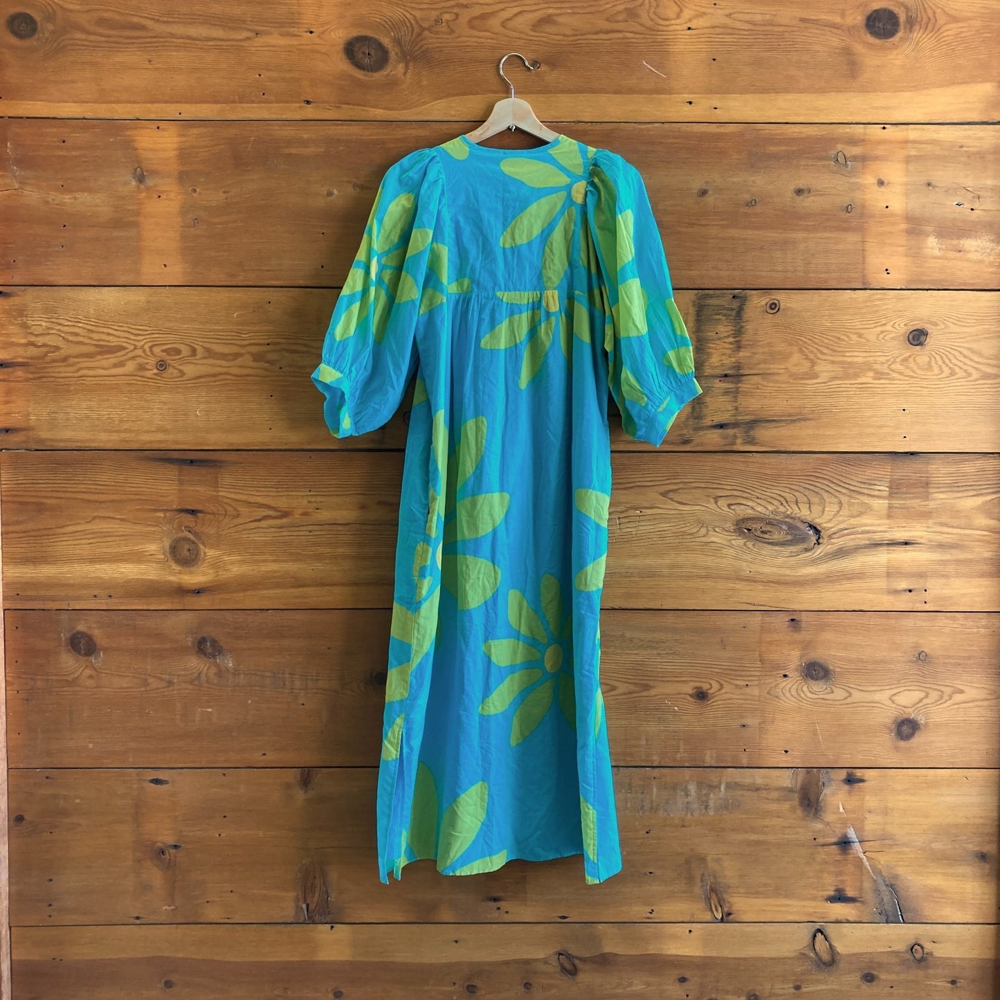 S - J Marie Turquoise Puff Sleeve Floral Patterned Maxi Kaftan Dress 1103LJ