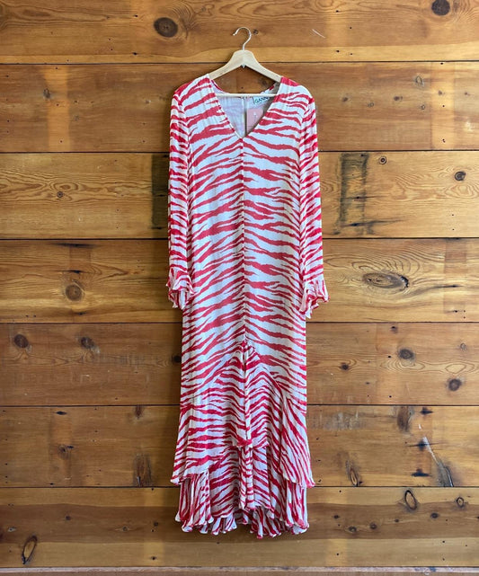 36 / M - Ganni Red & White Zebra Patterned Long Sleeve Georgette Dress 1022ED