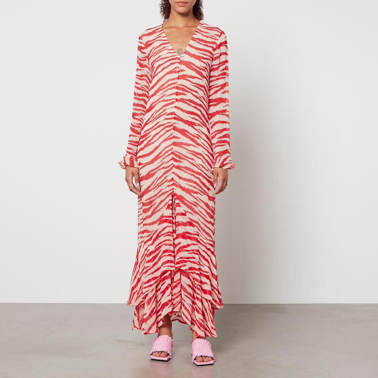 36 / M - Ganni Red & White Zebra Patterned Long Sleeve Georgette Dress 1022ED