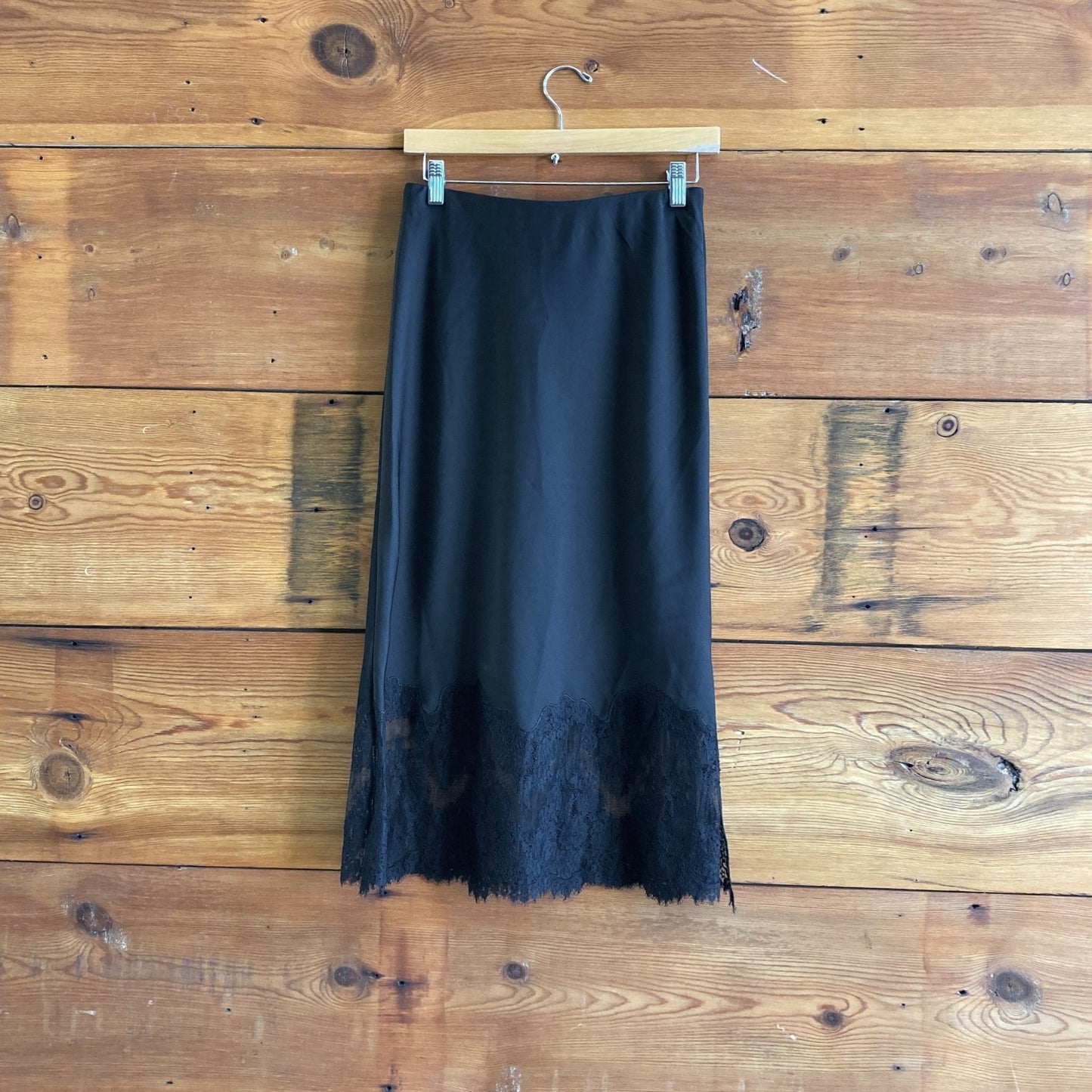 2 - All Saints Black Silky Lace Hem Bridgette Midi Length Skirt 1022ED