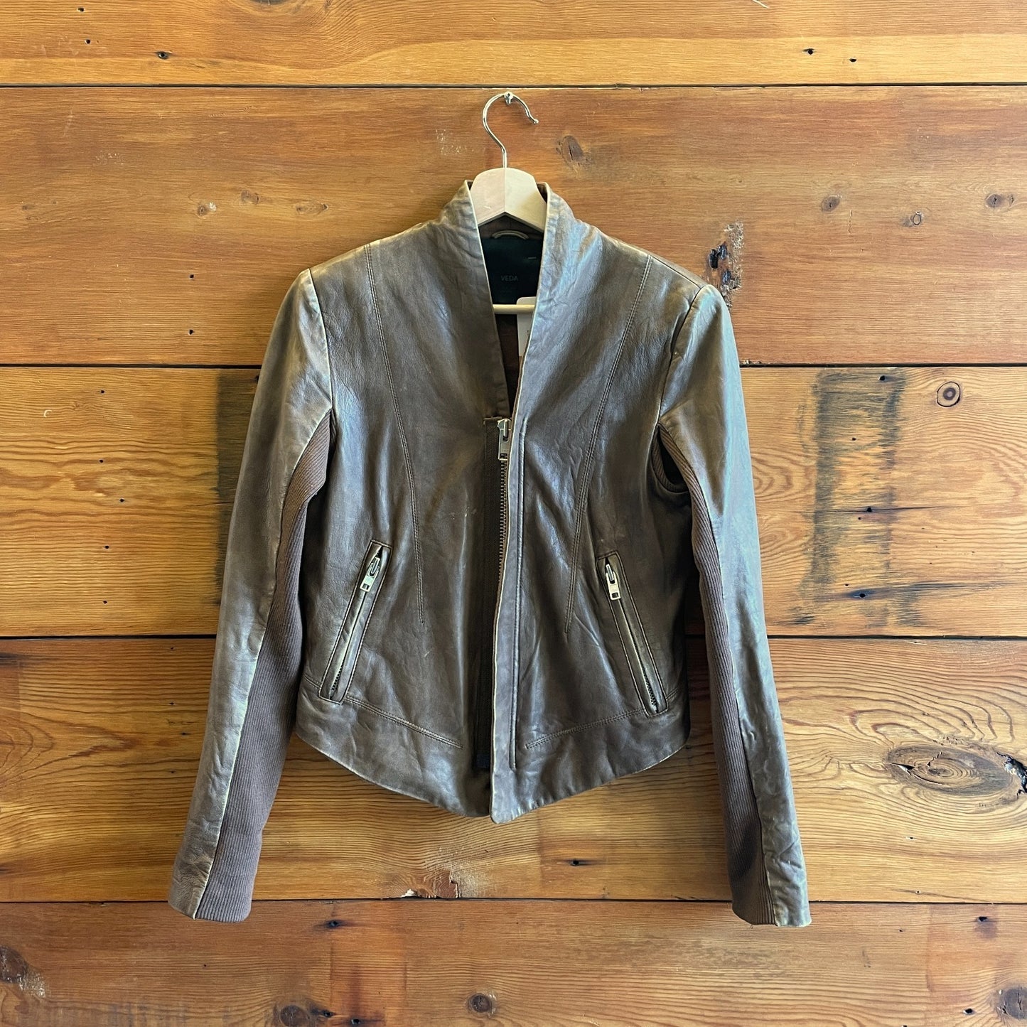 M - Veda Brown Soft Leather Zip Up Ribbed Sleeve Jacket *flaws 0731GR