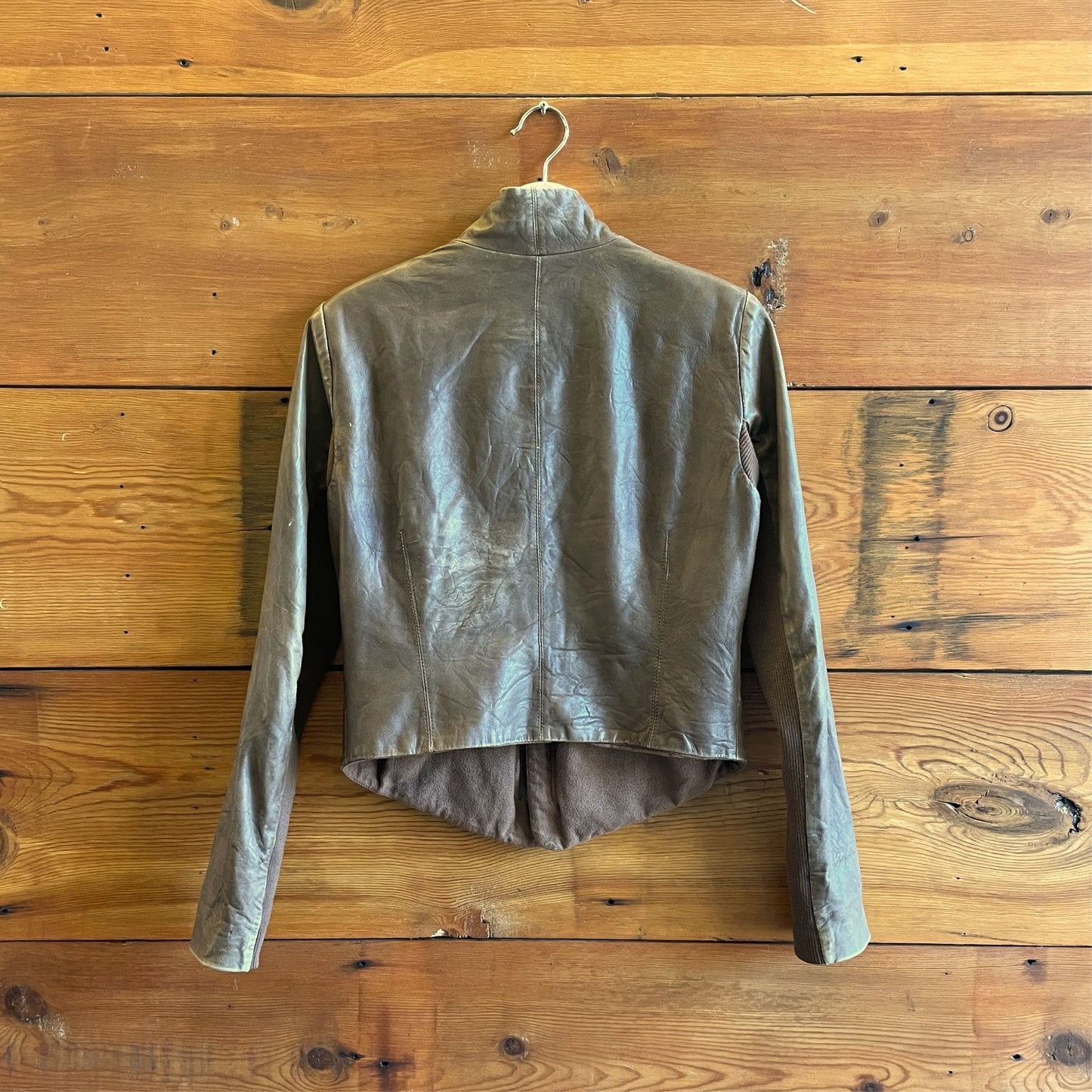 M - Veda Brown Soft Leather Zip Up Ribbed Sleeve Jacket *flaws 0731GR