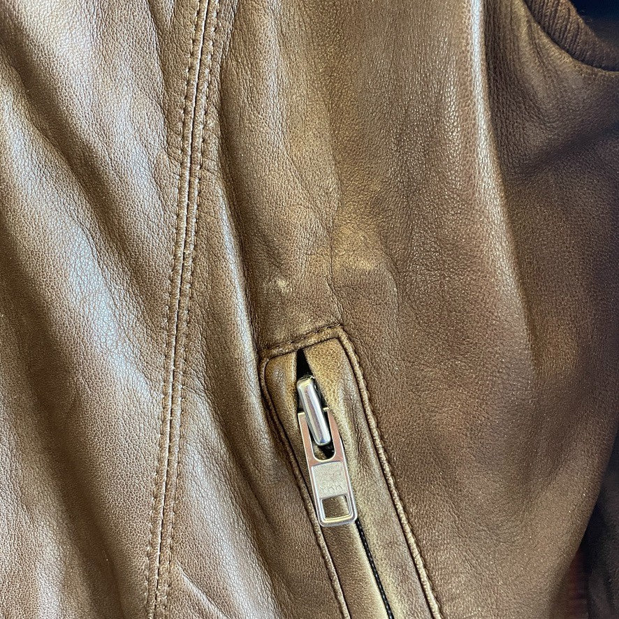 M - Veda Brown Soft Leather Zip Up Ribbed Sleeve Jacket *flaws 0731GR