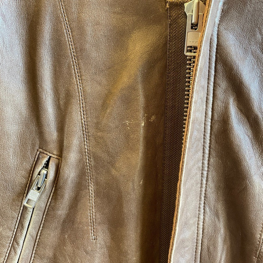 M - Veda Brown Soft Leather Zip Up Ribbed Sleeve Jacket *flaws 0731GR