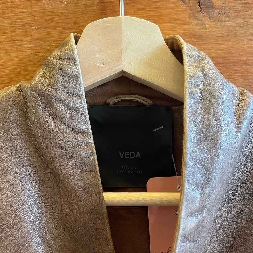 M - Veda Brown Soft Leather Zip Up Ribbed Sleeve Jacket *flaws 0731GR