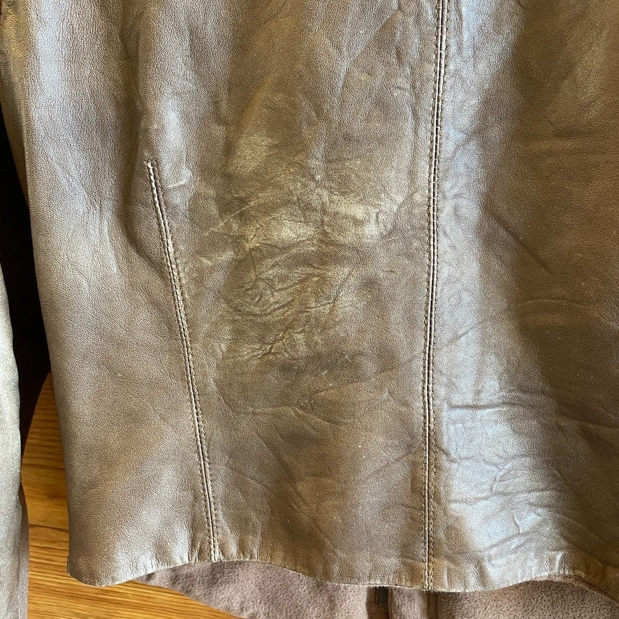 M - Veda Brown Soft Leather Zip Up Ribbed Sleeve Jacket *flaws 0731GR