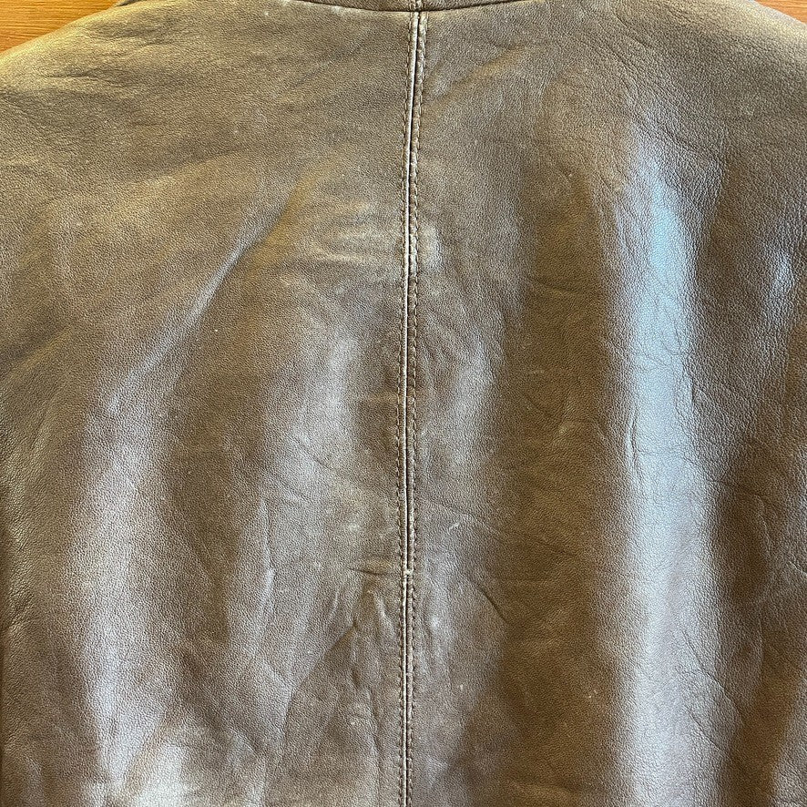 M - Veda Brown Soft Leather Zip Up Ribbed Sleeve Jacket *flaws 0731GR