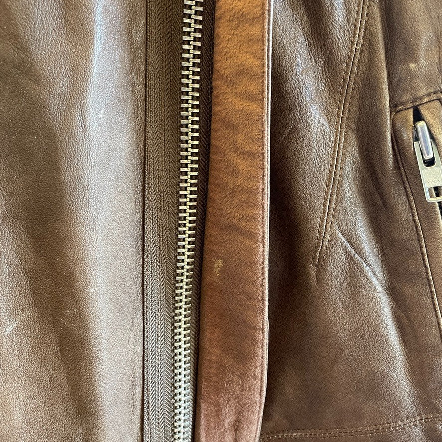M - Veda Brown Soft Leather Zip Up Ribbed Sleeve Jacket *flaws 0731GR
