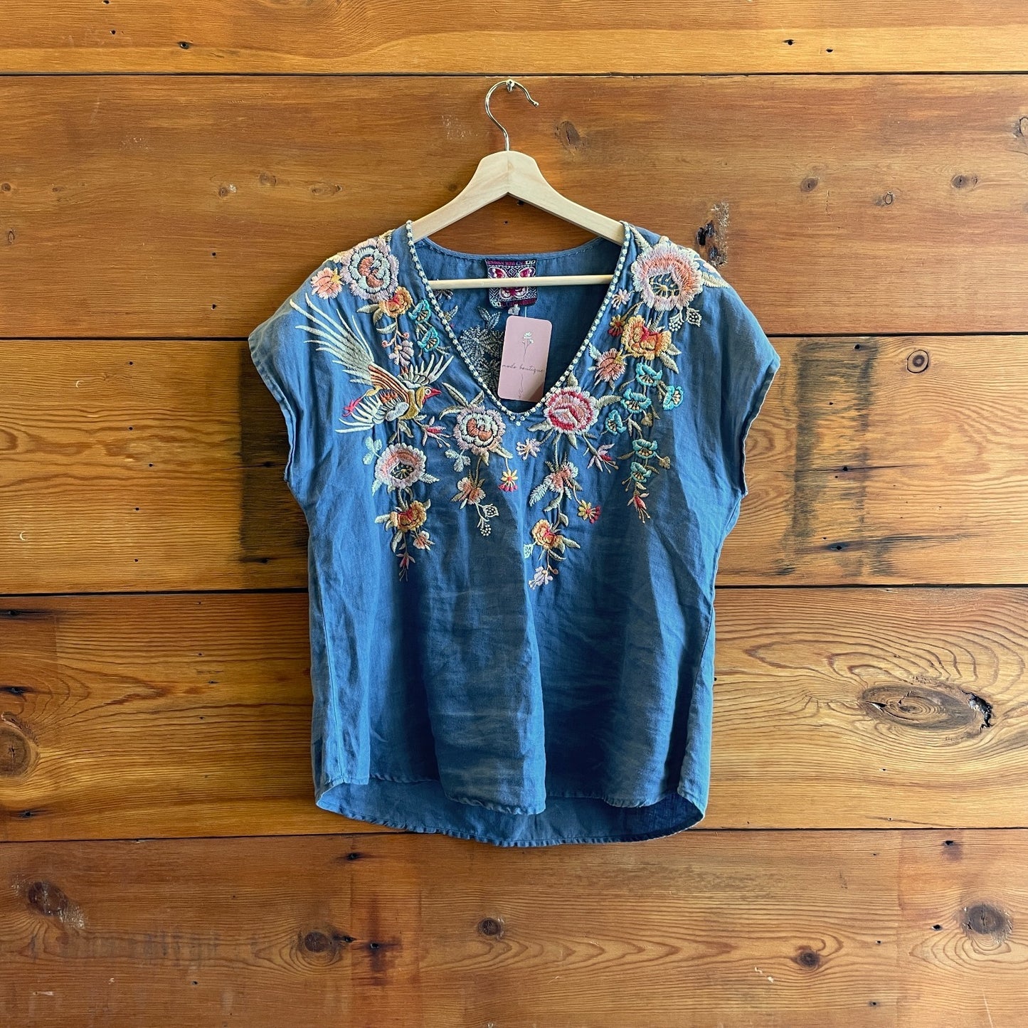 S - Johnny Was Blue Linen Embroidered Floral V-Neck Shirt Blouse 0708RC
