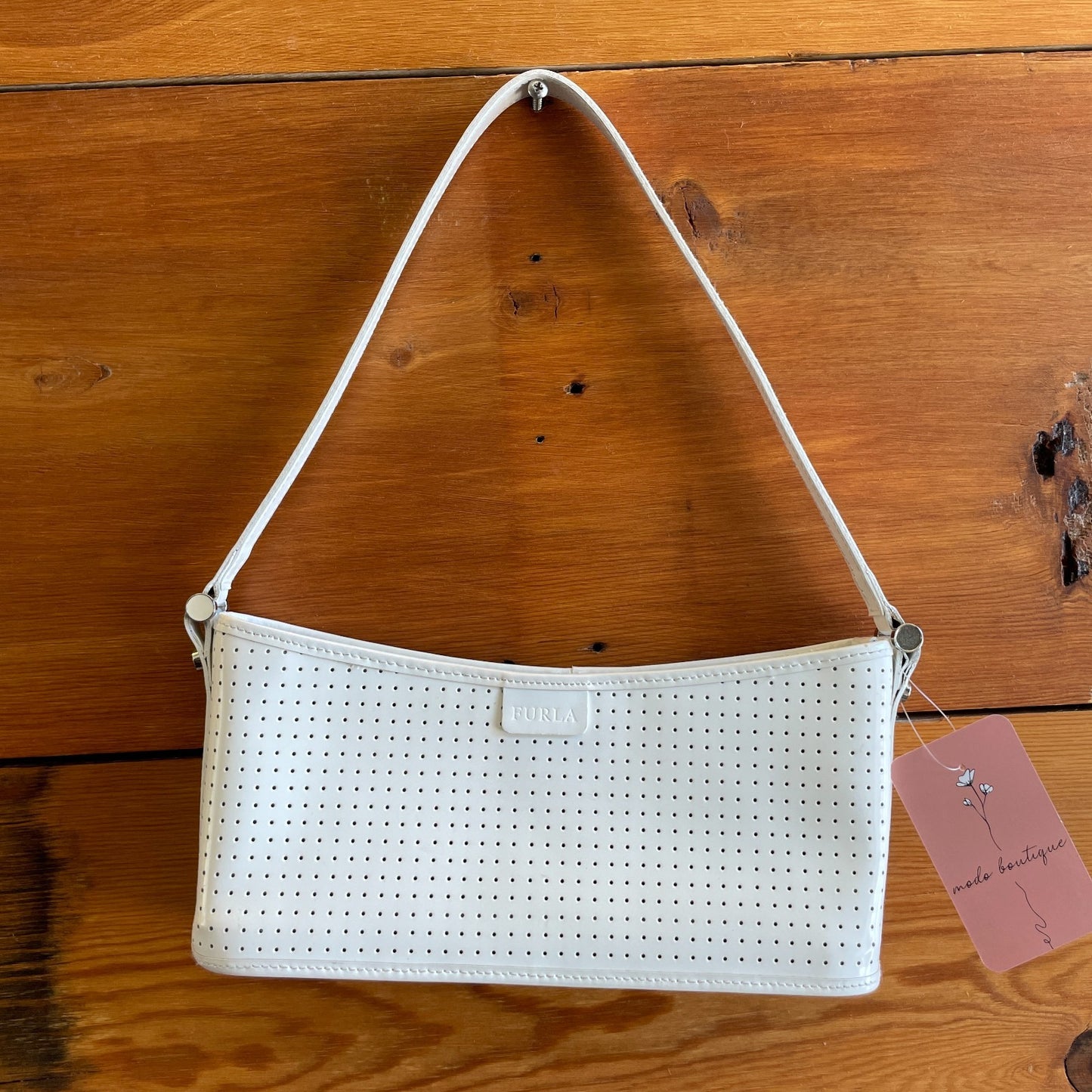 Furla White Perforated Leather Patent Leather Shoulder Bag Purse 0801SM