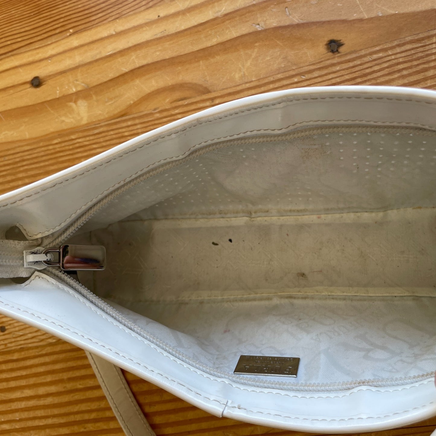 Furla White Perforated Leather Patent Leather Shoulder Bag Purse 0801SM