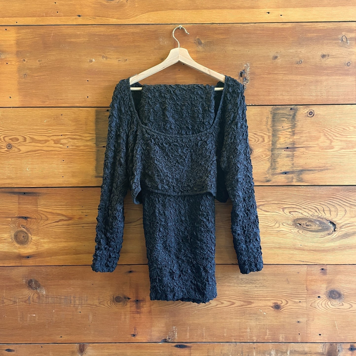 XL - Mara Hoffman Black Textured Long Sleeve Kiyoko Top & Skirt Set 0801JZ