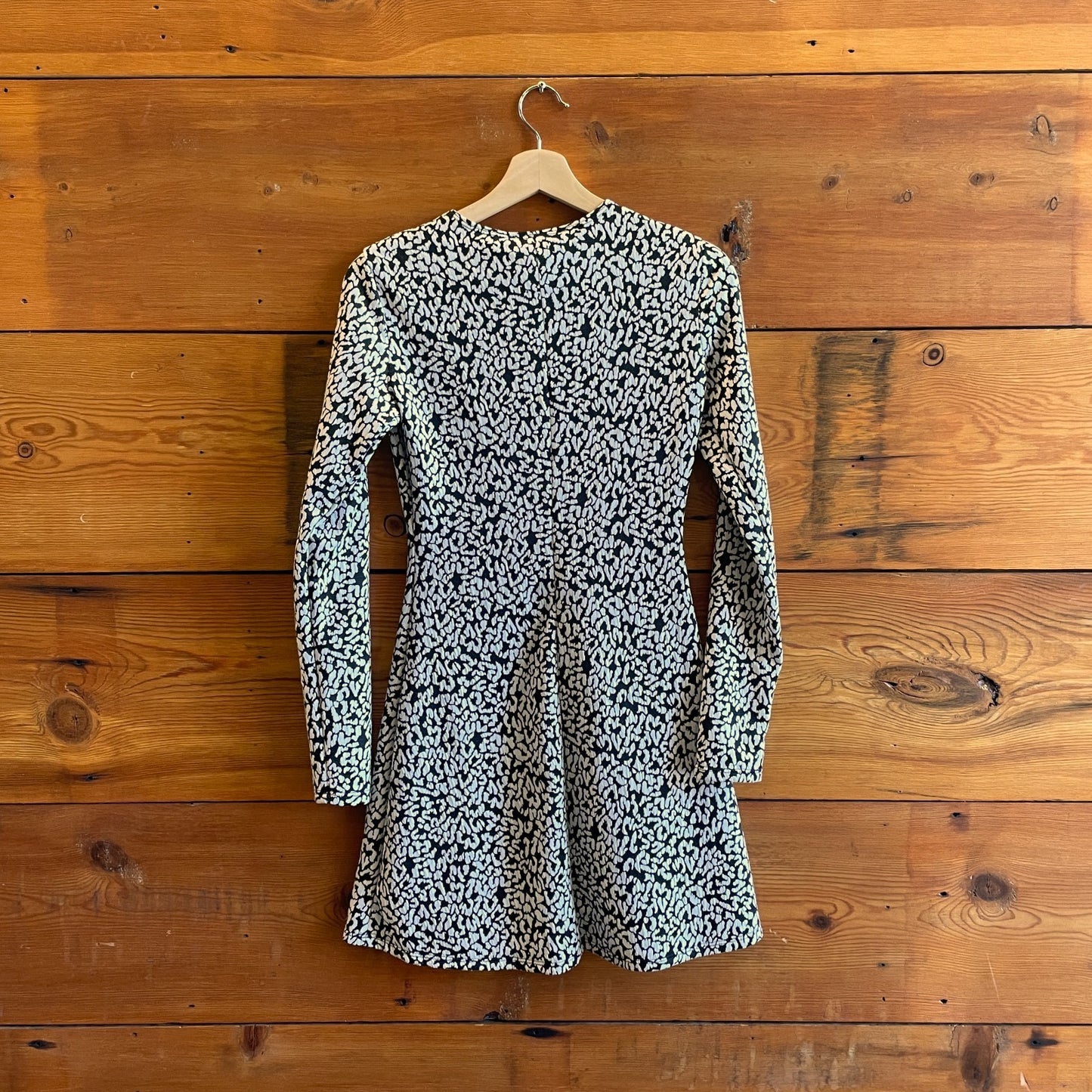 S - Reformation Black White Pattern Long Sleeve A-Line Cheetah Dress 0801SM