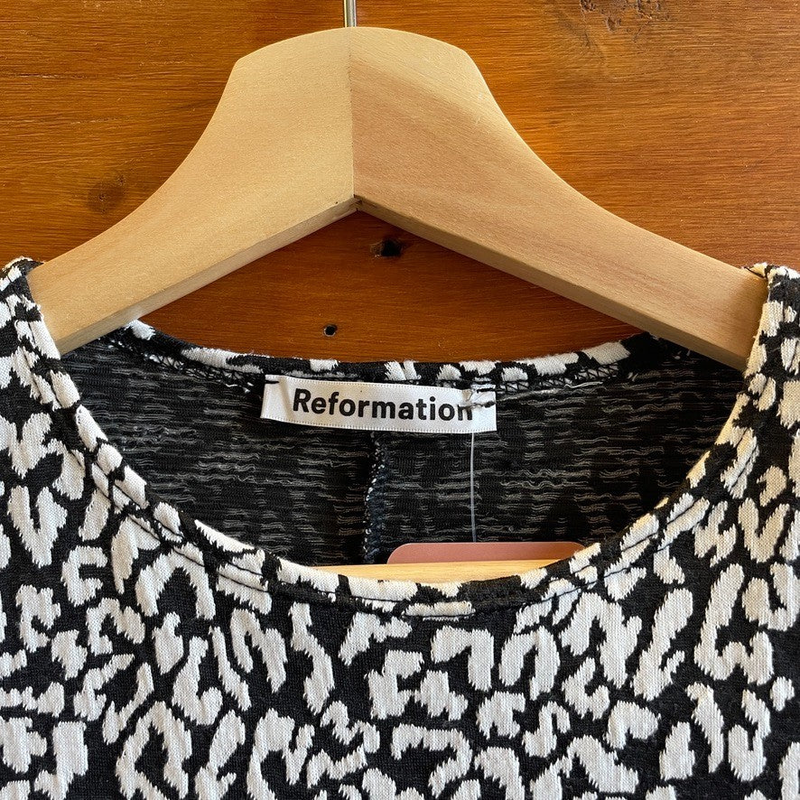 S - Reformation Black White Pattern Long Sleeve A-Line Cheetah Dress 0801SM