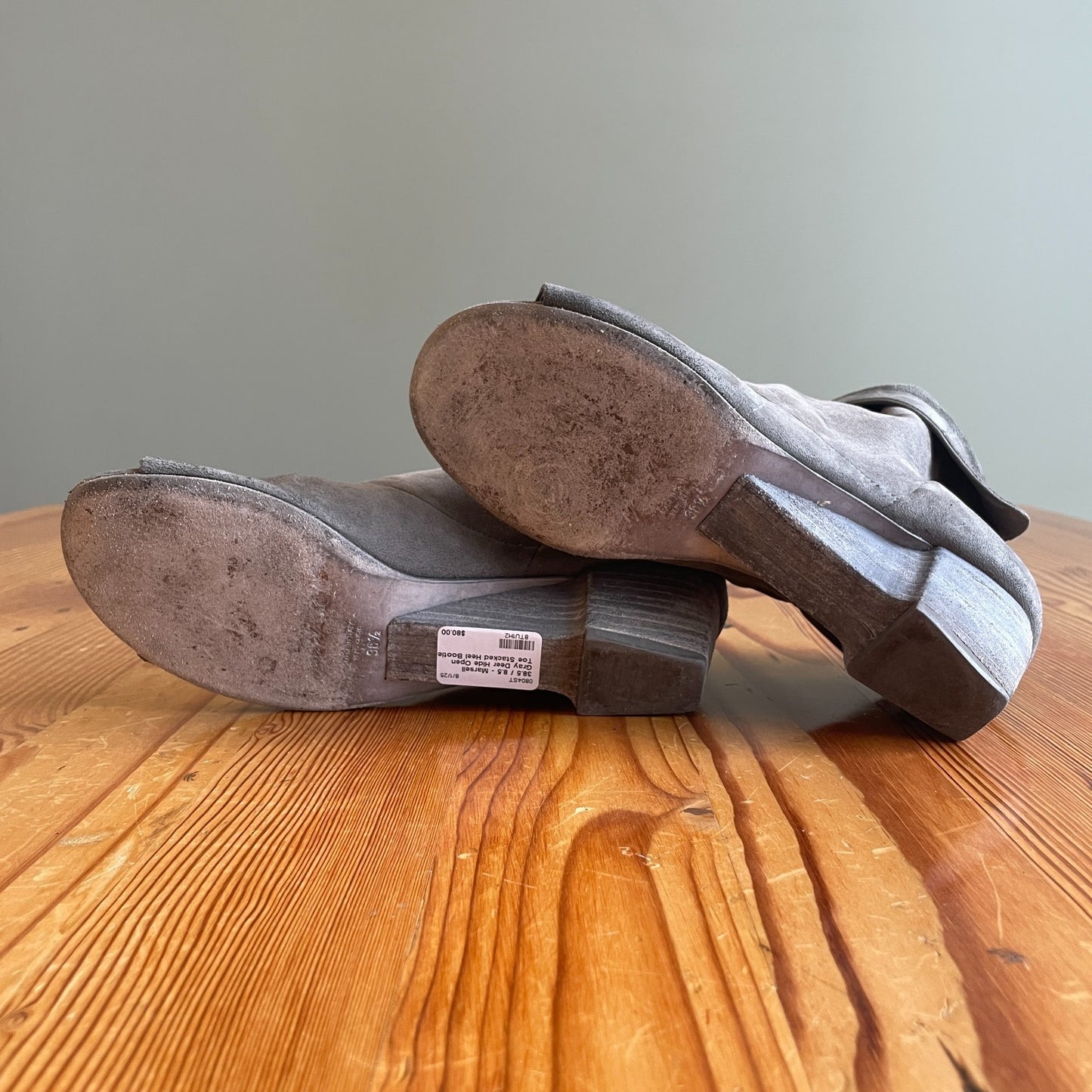 38.5 / 8.5 - Marsell Gray Deer Hide Open Toe Stacked Heel Bootie Shoes 0804ST