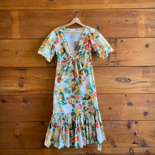 4 - Cara Cara Grapefruit Print Georgica Puff Sleeve Midi Dress 0611AJ