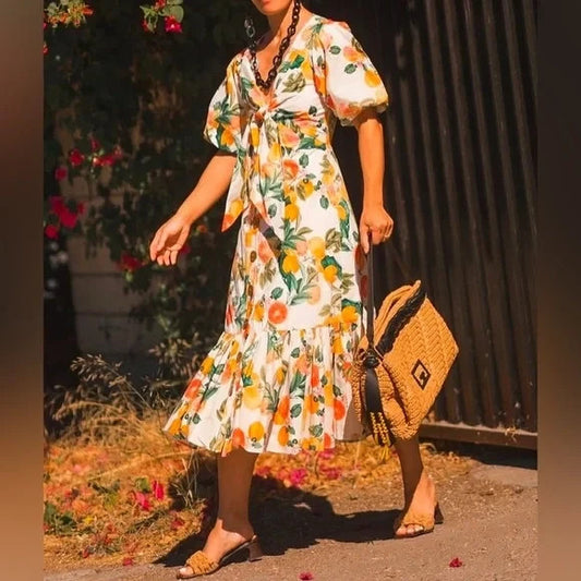 4 - Cara Cara Grapefruit Print Georgica Puff Sleeve Midi Dress 0611AJ