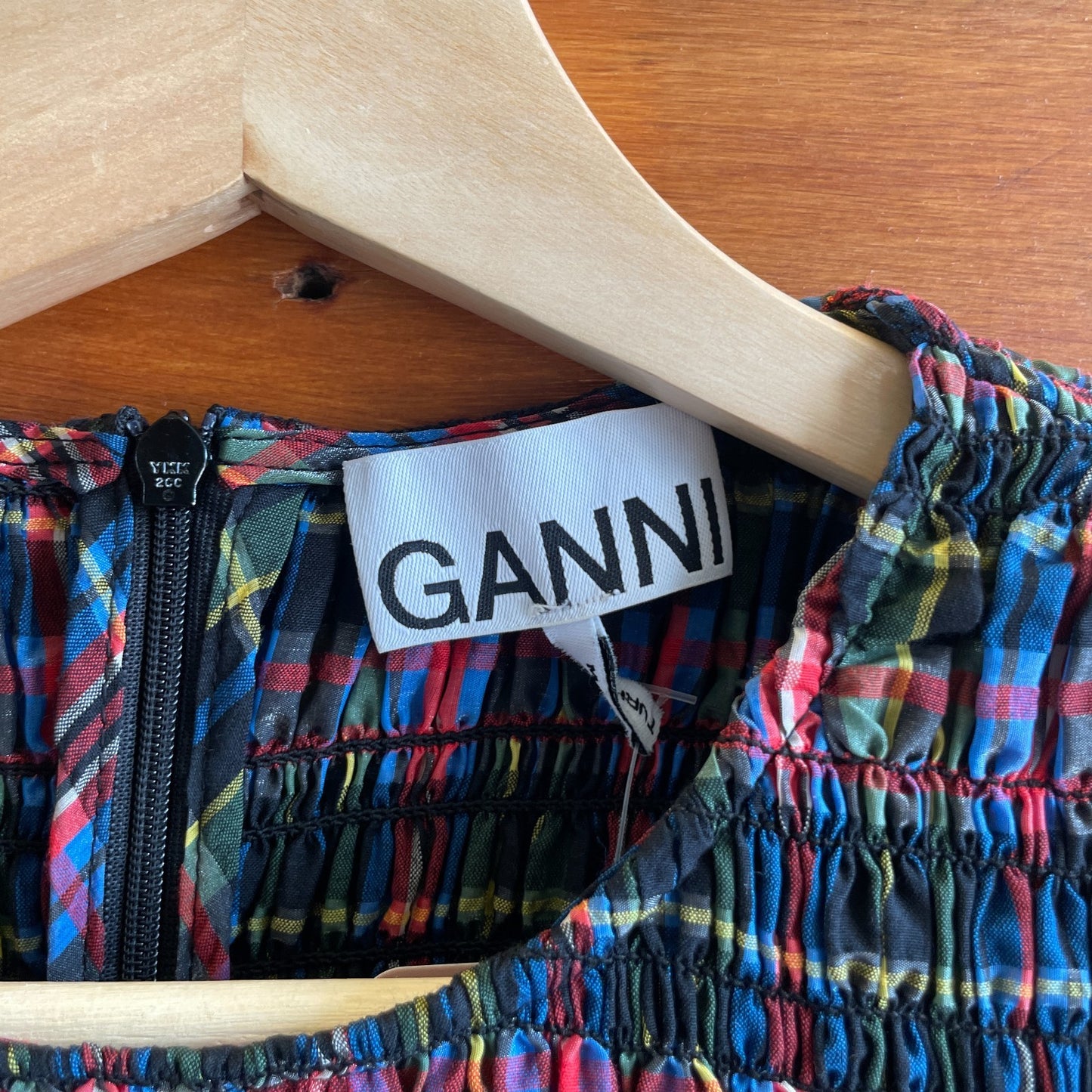 38 / 6 - Ganni Shirred Checkered Seersucker Long Sleeve Midi Dress 0611AJ