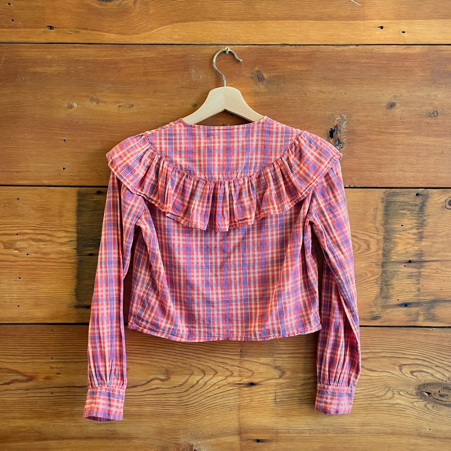 XS - LYKKE WULLF Red Plaid Long Sleeve Ruffled Shirt Top 0312IG