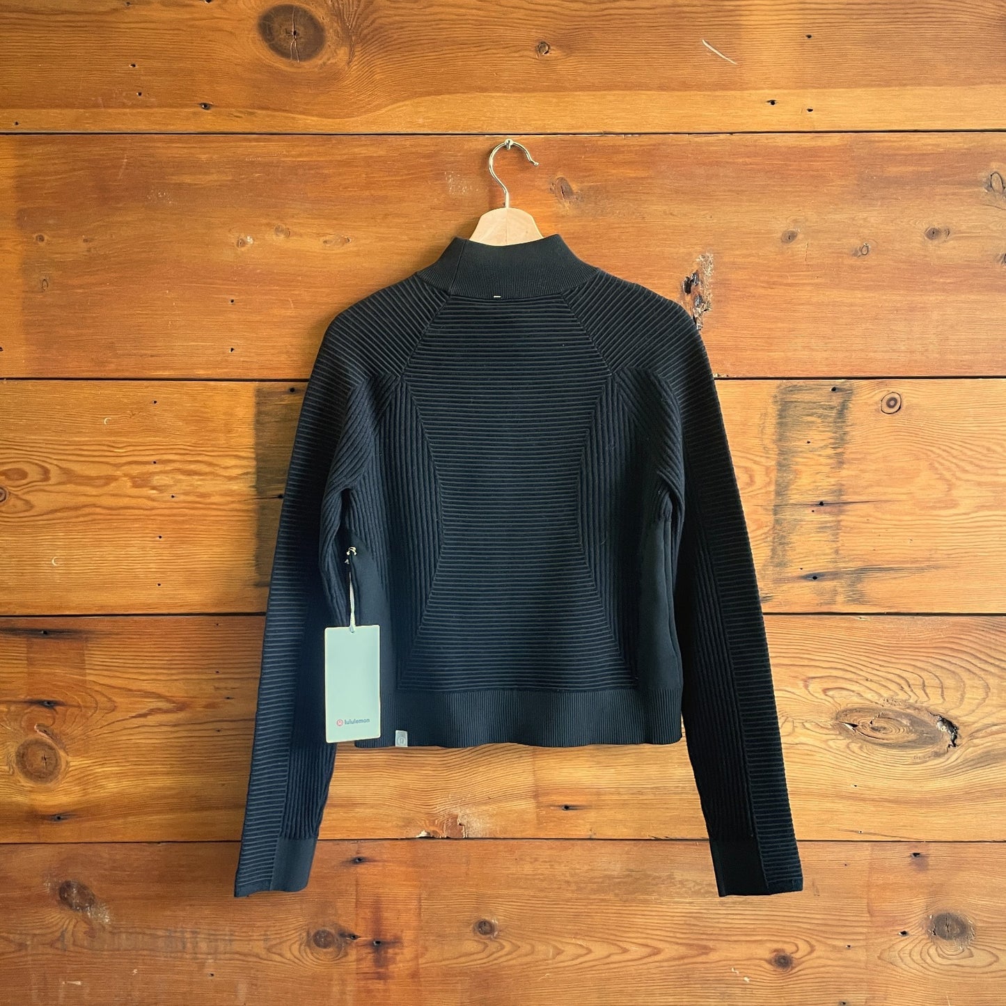 M - Lululemon $148 Black Mock Crew Neck Mixed Rib-Knit Sweater NEW 0721DK