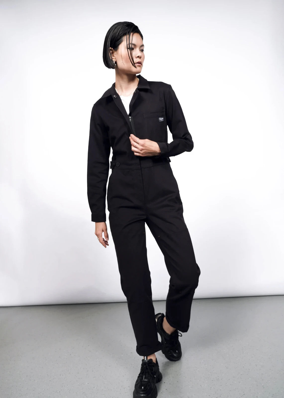 M - Wildfang $184 Black Long Sleeve The Essential High Waist Jumpsuit NEW 0721DK