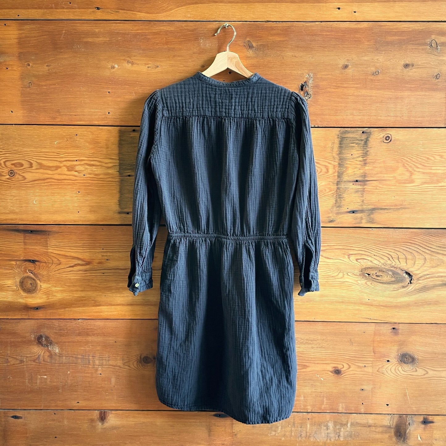 1 / S - Hartford Black Gauze Long Sleeve Half Button Cinched Waist Dress 0415AU