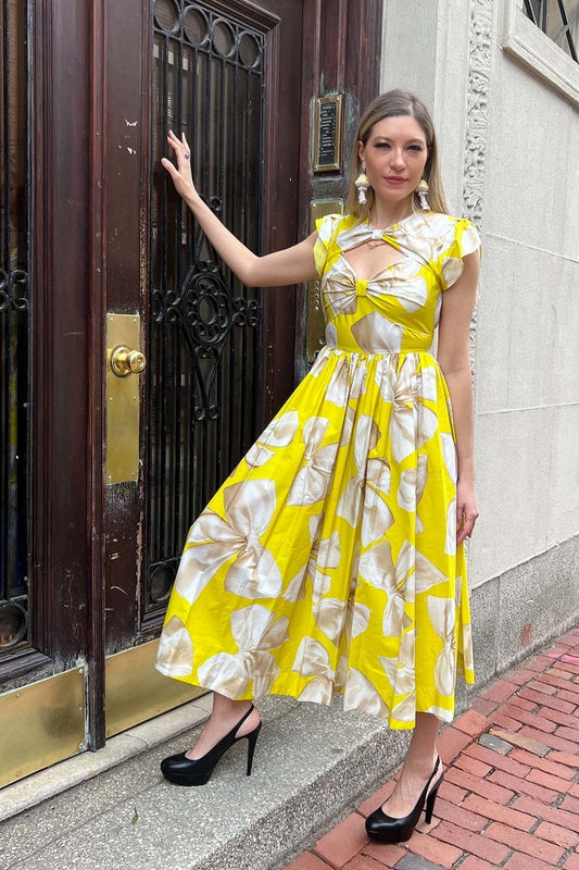 42 / S - VIVETTA Yellow NEW $705 Bow-Print Cut-Out Midi-Dress 0808LM