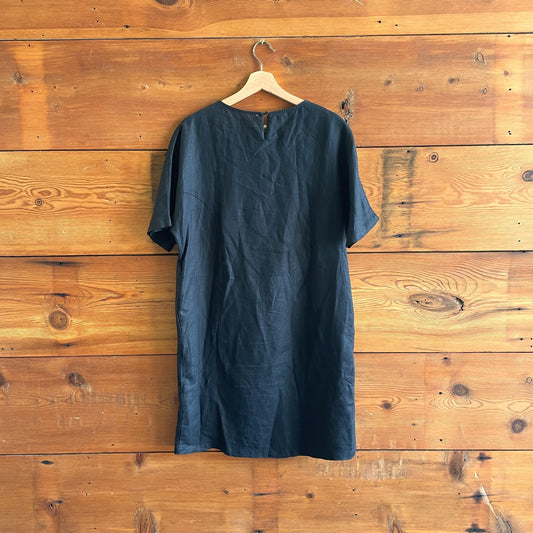 L - Elk The Label Black 100% Linen Short Sleeve Midi Dress 1205DA