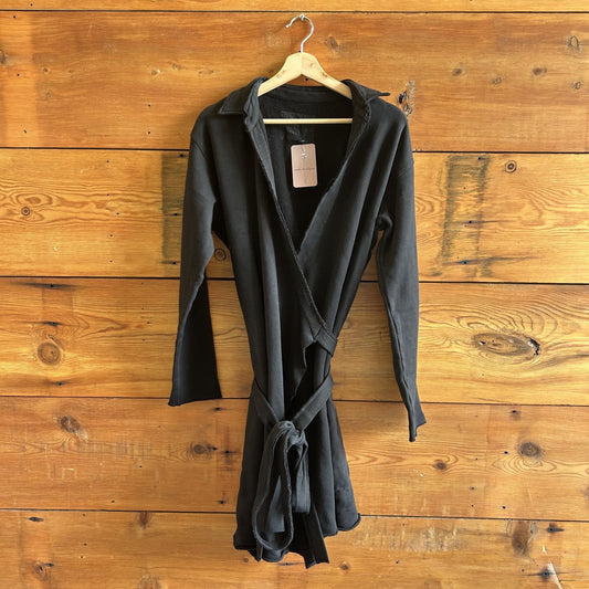 L - Frank & Eileen $298 Black Soft Fleece Willa Wrap Sweatshirt Dress NEW 0721DK