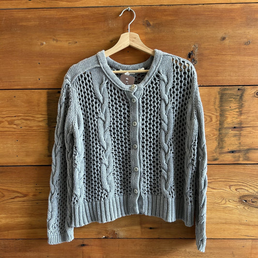 L - Inhabit Gray Cotton Knit Button Up Open Cableknit Cardigan Sweater 0721DK
