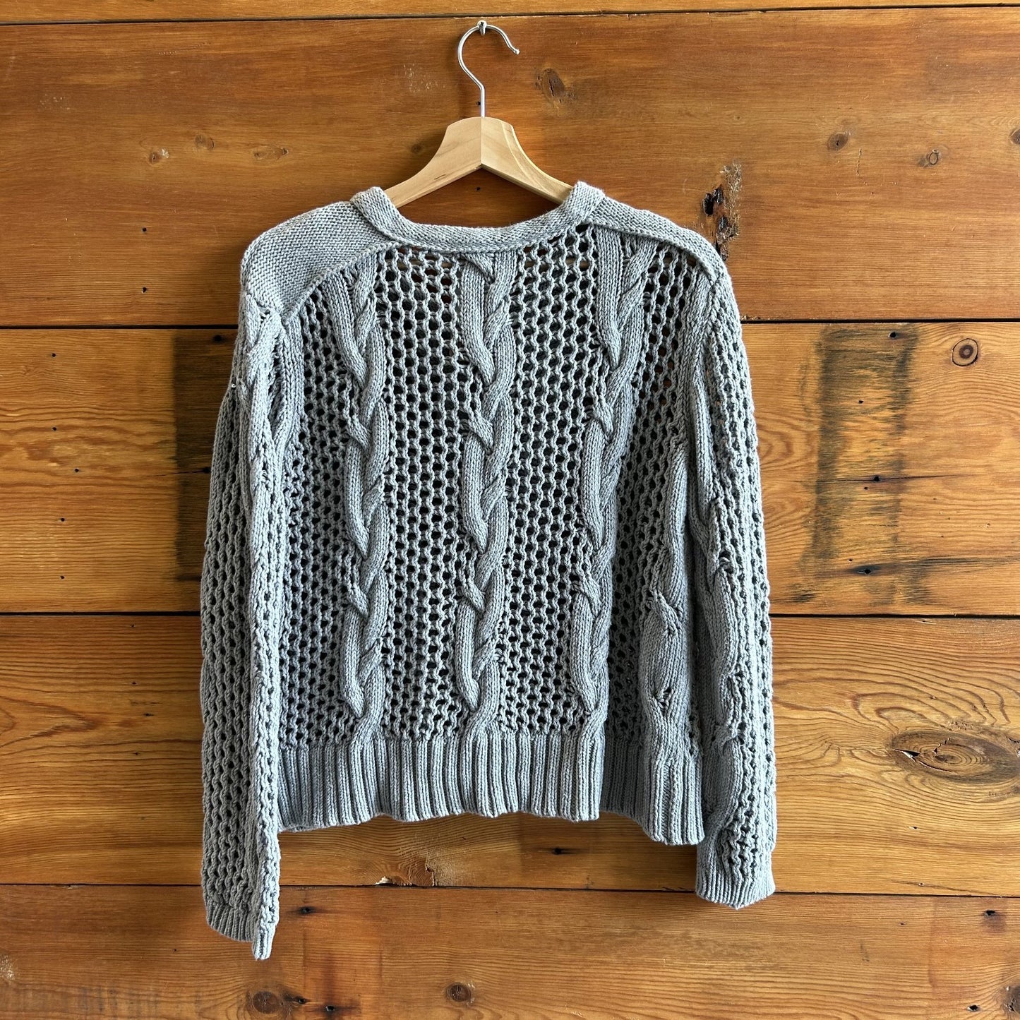 L - Inhabit Gray Cotton Knit Button Up Open Cableknit Cardigan Sweater 0721DK