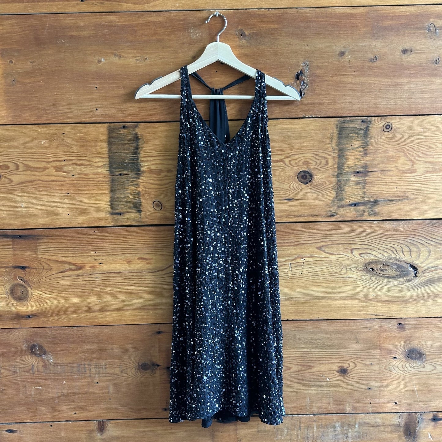 S - Eileen Fisher Black 100% Silk Sequined Racerback Sleeveless Dress 0721DK