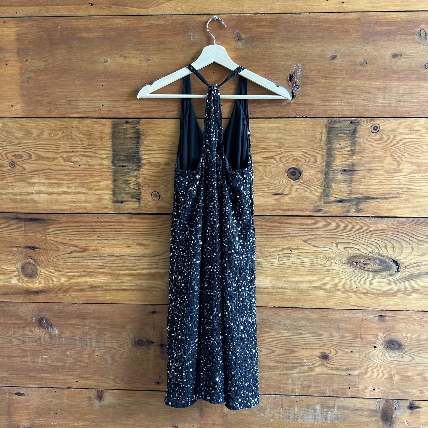 S - Eileen Fisher Black 100% Silk Sequined Racerback Sleeveless Dress 0721DK