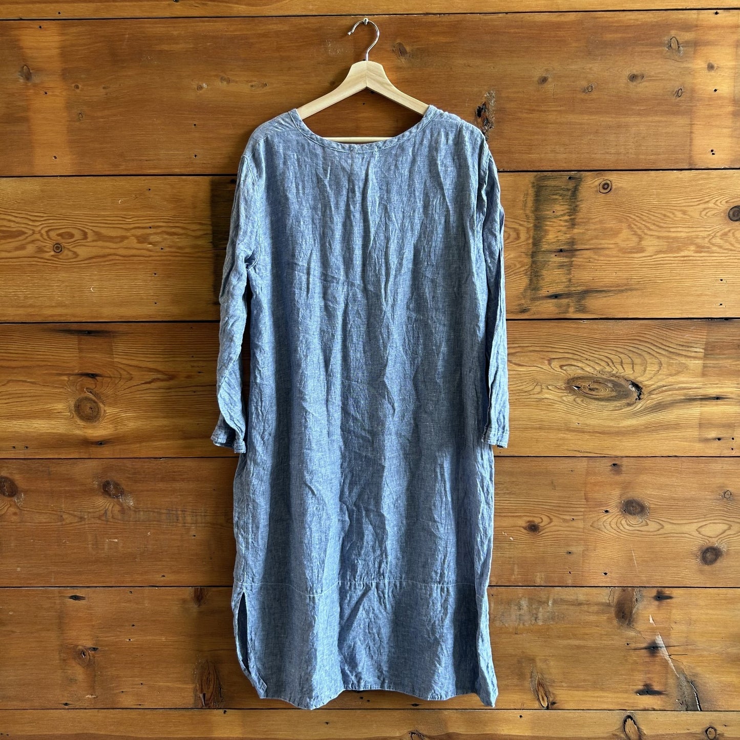 M - CP Shades Blue Chambray Linen Long Sleeve Midi Length Dress 0721DK