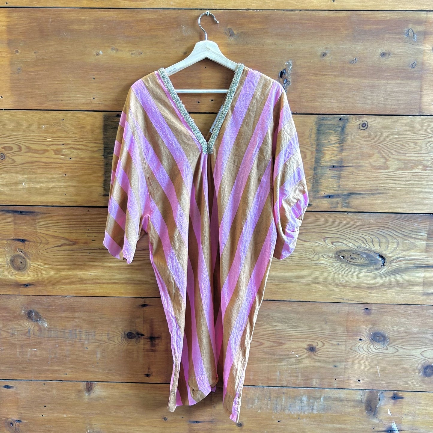 M - Caftan Summer Elizabeth Dye Pink & Brown Striped Cotton Dress 0812LD