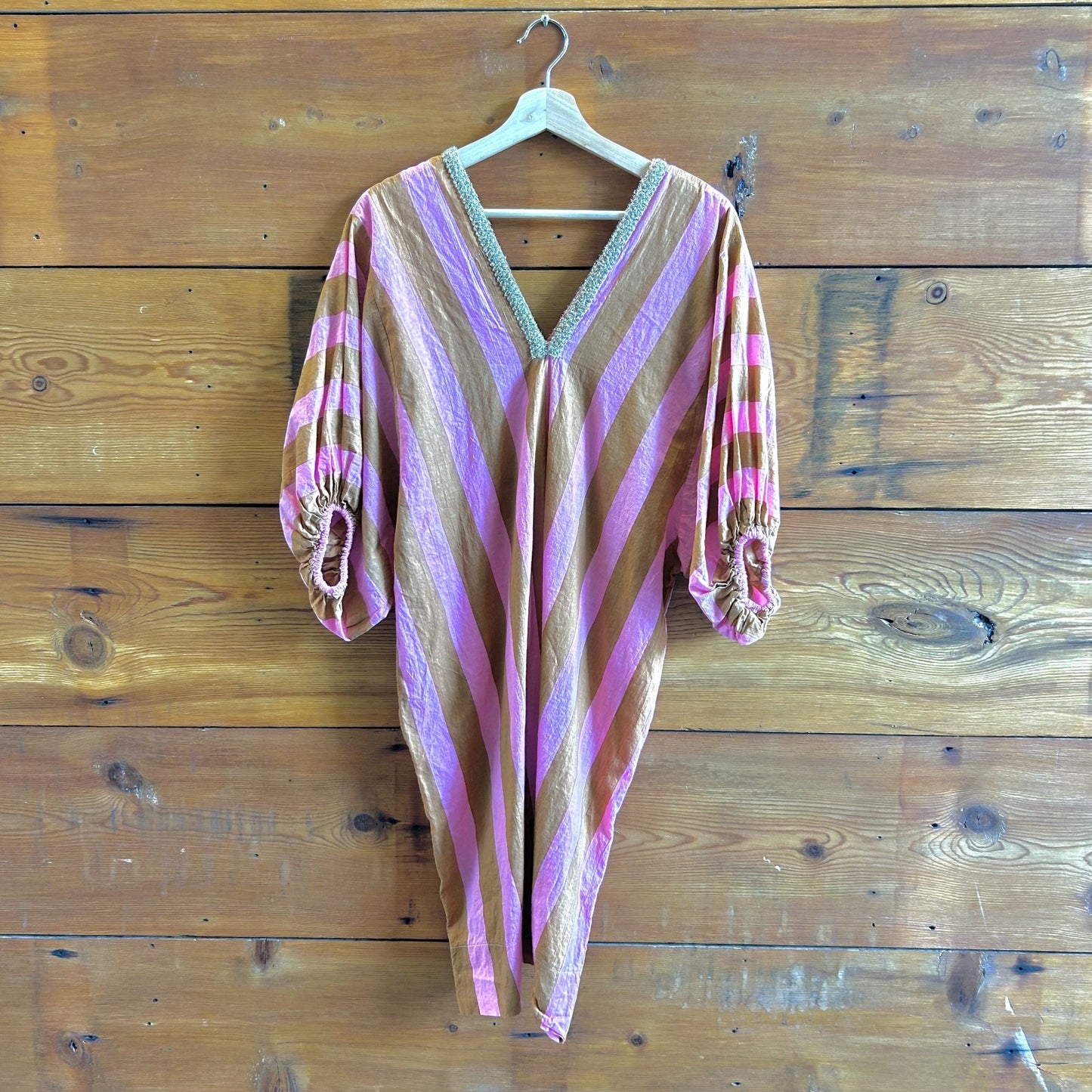 M - Caftan Summer Elizabeth Dye Pink & Brown Striped Cotton Dress 0812LD