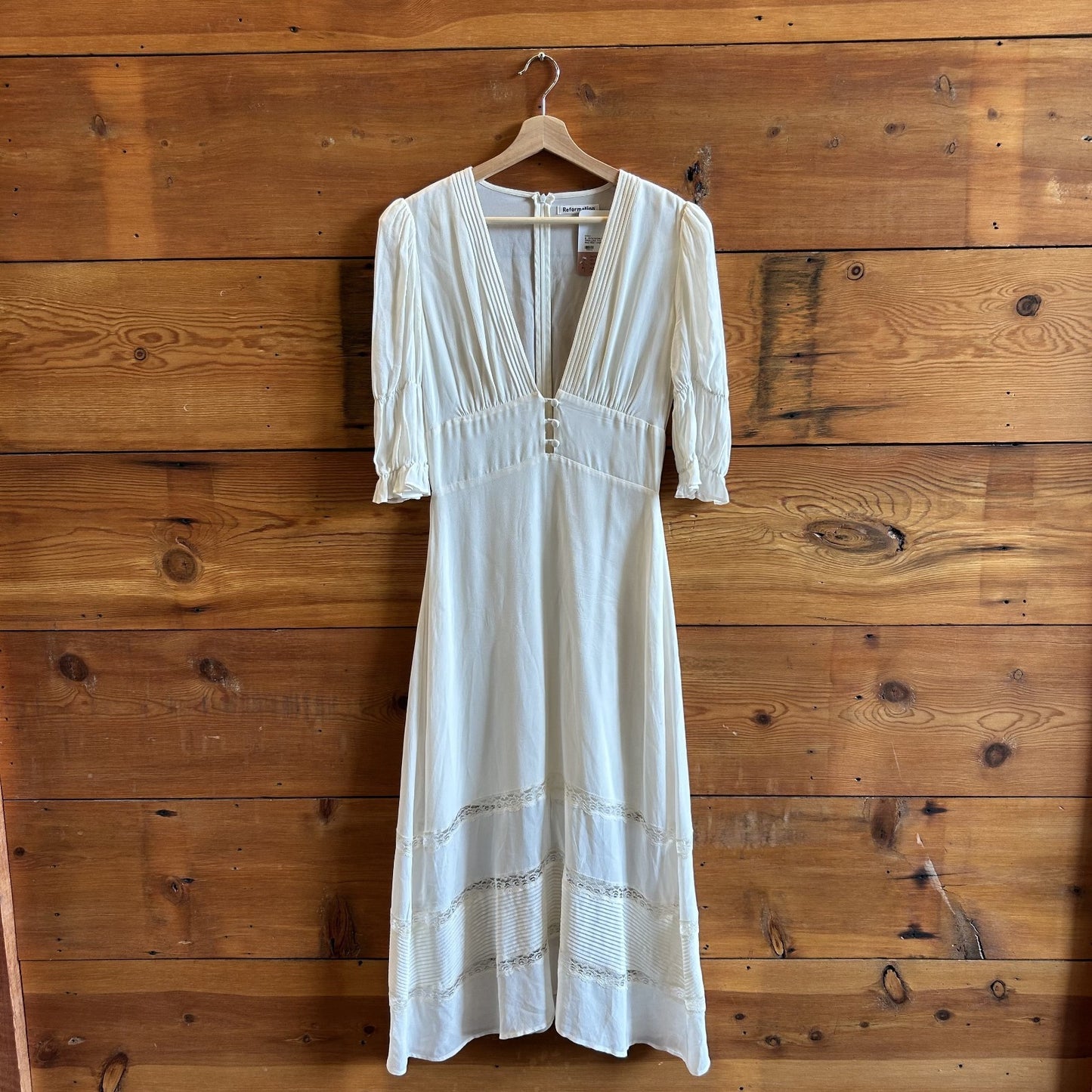 8 - Reformation Ivory White Lace Trim Deep V Neck Maxi Length Dress 0628AC