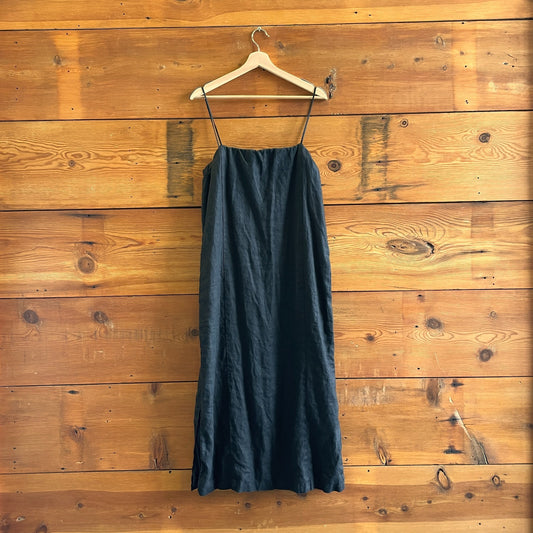 M - DONNI Black The Linen Spaghetti Strap Effortless Minimalist Dress 0713JM