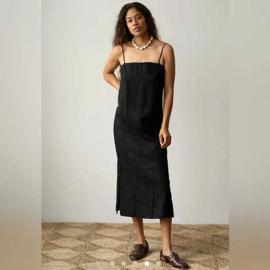 M - DONNI Black The Linen Spaghetti Strap Effortless Minimalist Dress 0713JM